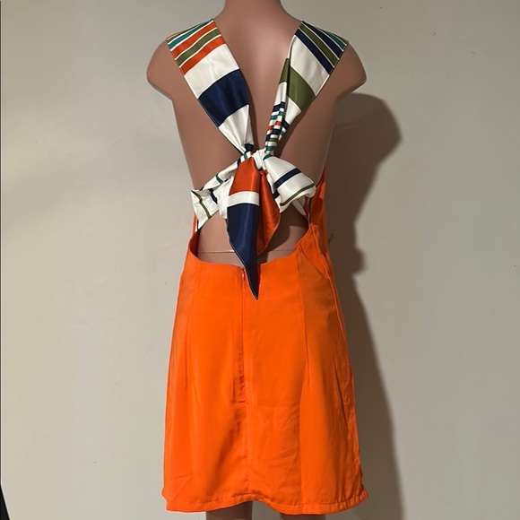 Lulus Women's Orange Joyful Multi Stripe Tie-Back Mini Shift Dress Size Large - Picture 7 of 11